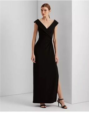 Lauren Ralph Lauren Black Sleeveless Wrap Maxi Gown with Side Knot